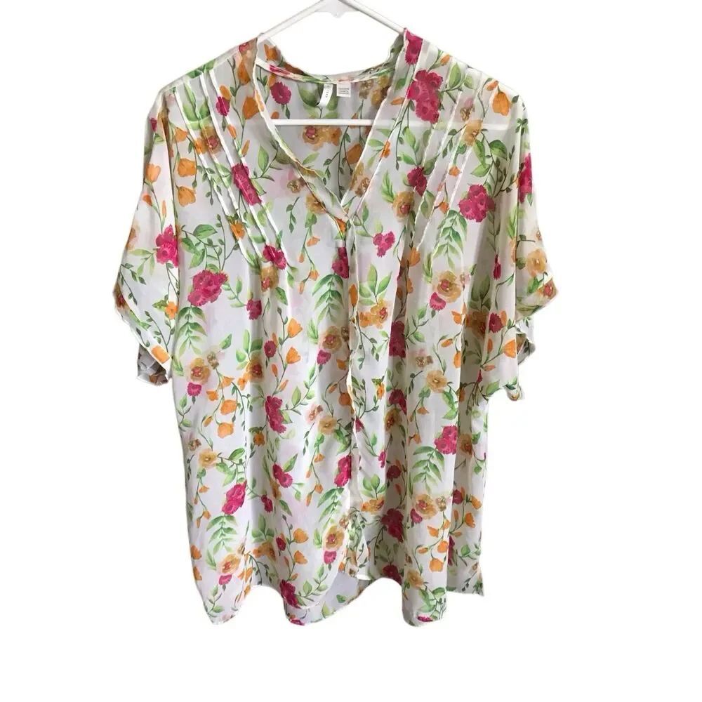 Cato plus size top blouse 18/20 semi sheer floral white pink short sleeve